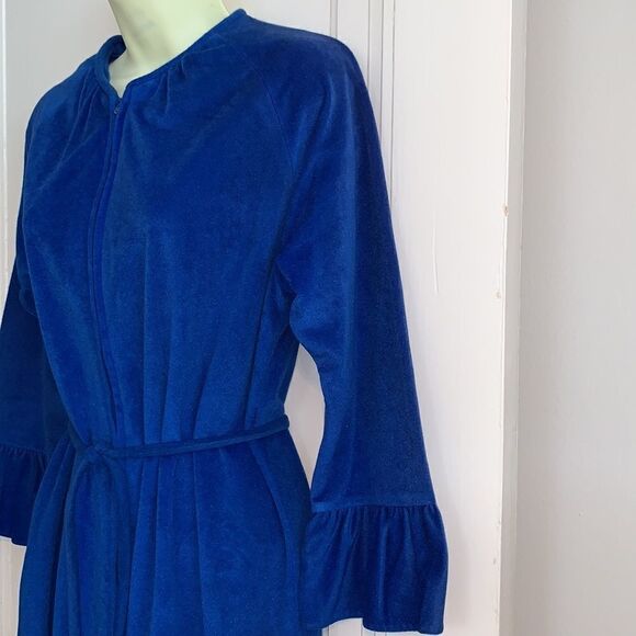 Vtg 60s/70s Lounge Craft royal blue polyester velour zip up robe - Picture 3 of 8